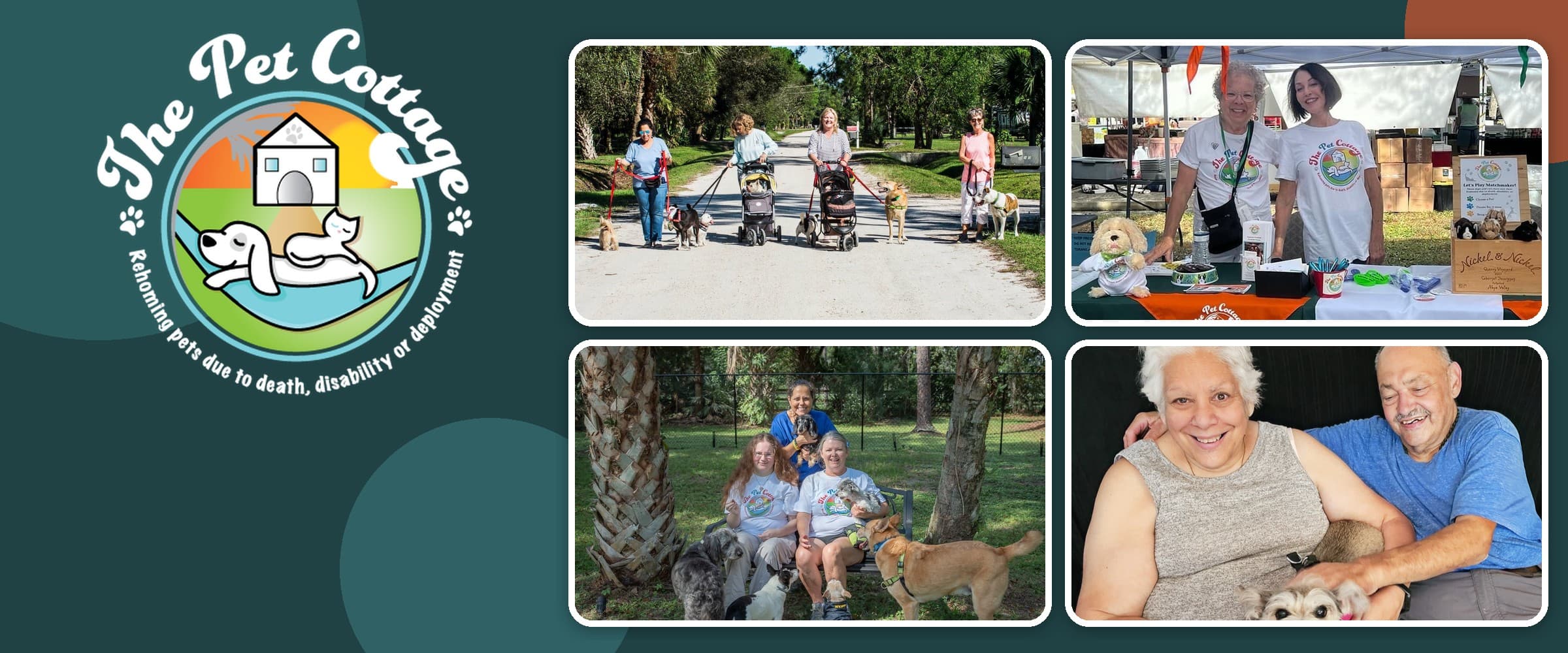 The Pet Cottage logo beside photos of its volunteers walking sanctuary dogs, staffing an event booth in Pet Cottage tees, and sitting with the pack, and a couple with their dog